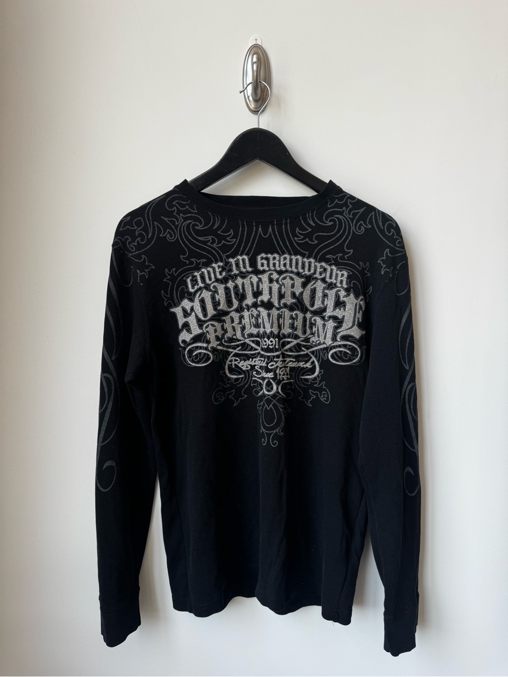 Black Graphic Long Sleeve Tee with Silver Print